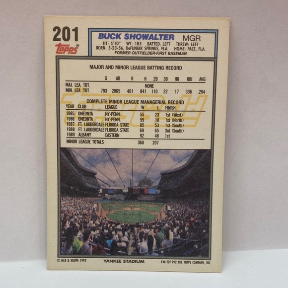 1992 Topps Buck Showalter Yankees #201 In Person Autograph (079) - Picture 3 of 3